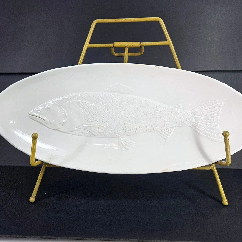 Vintage Lg White Ceramic Fish Platter Oval Serving Tray Decor Made in Italy 17in